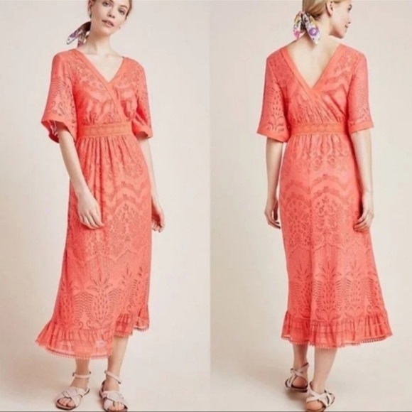 FARM Rio Dresses & Skirts - Farm Rio Anthropologie coral Devore lace maxi/ midi dress size small